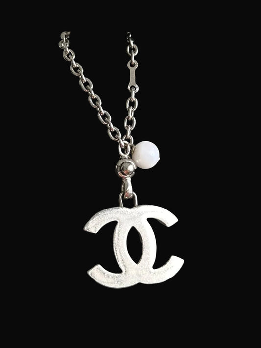 Chanel Logo Bag Charm With Pearl / Silver Hardware