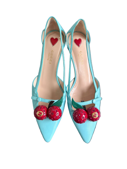 Gucci Turquoise Leather Cherry 45mm Unia Pumps Heels