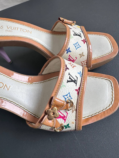 Louis Vuitton 2003 White Takashi Murakami Ribbon Mules Heels