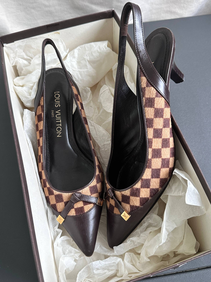 Louis Vuitton Vintage Damier Pony Hair Slingback Kitten Heels