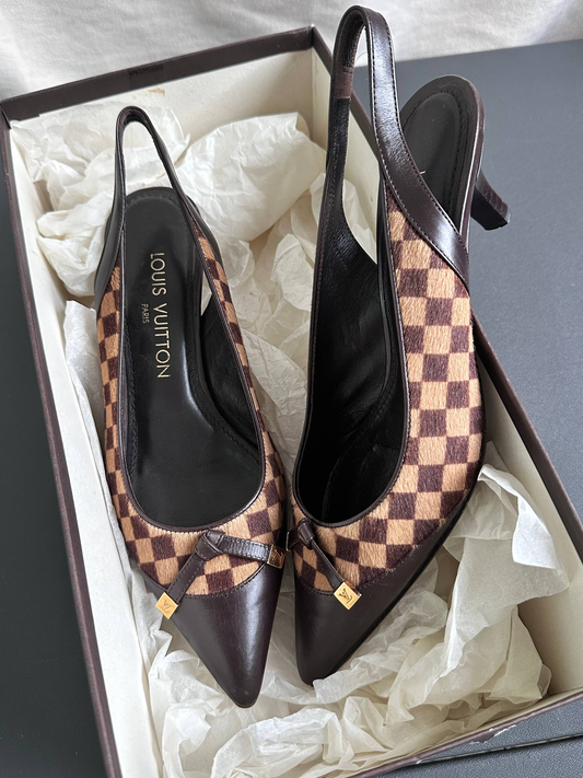 Louis Vuitton Vintage Damier Pony Hair Slingback Kitten Heels