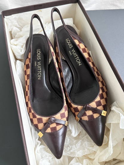 Louis Vuitton Vintage Damier Pony Hair Slingback Kitten Heels