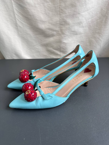 Gucci Turquoise Leather Cherry 45mm Unia Pumps Heels