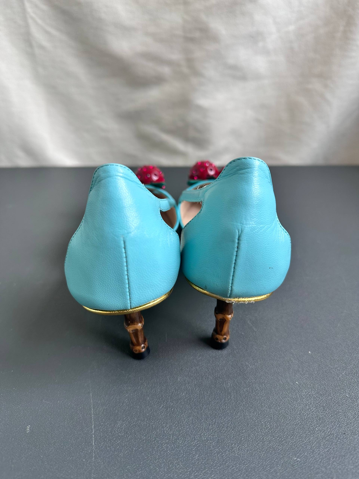 Gucci Turquoise Leather Cherry 45mm Unia Pumps Heels