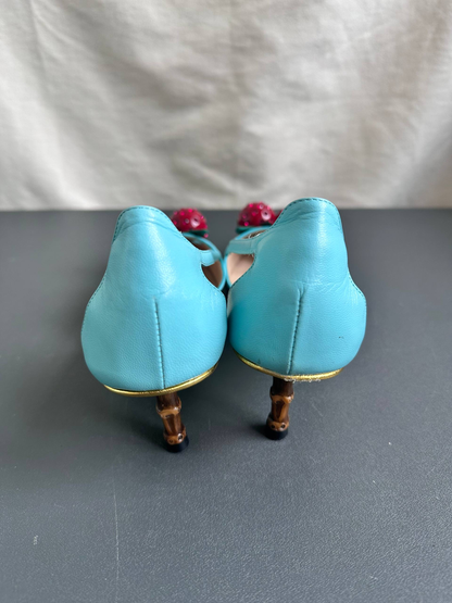 Gucci Turquoise Leather Cherry 45mm Unia Pumps Heels
