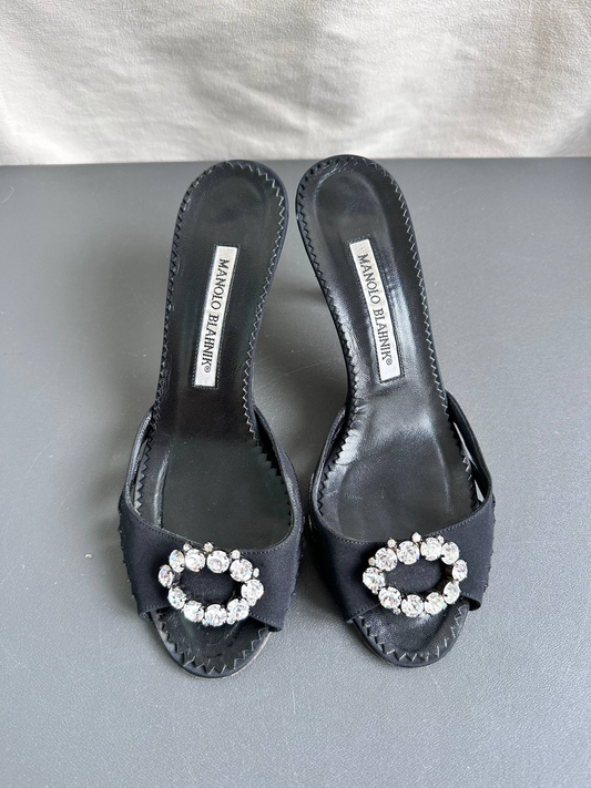Manolo Blahnik Crystal Black Mules Heels