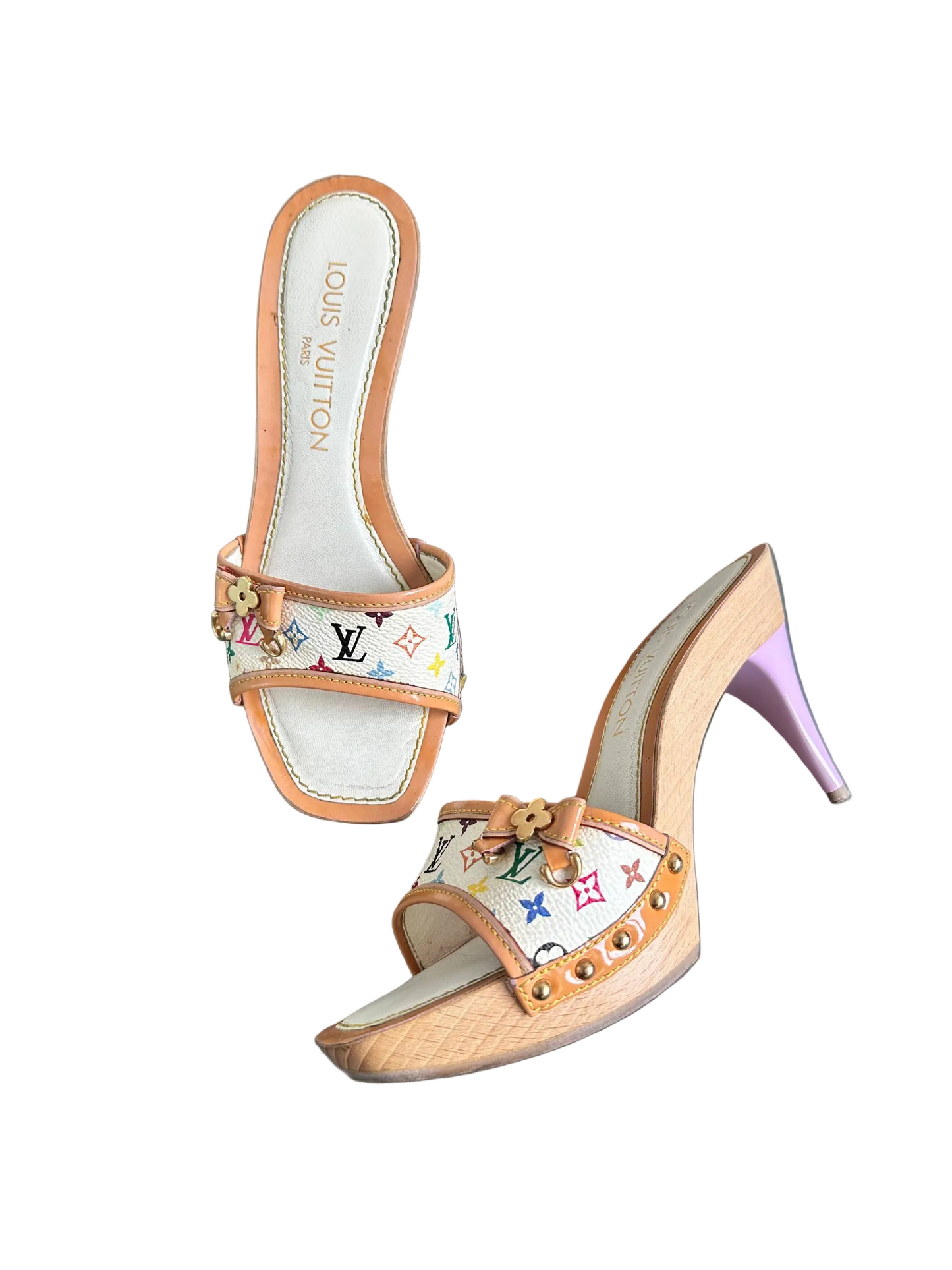 Louis Vuitton 2003 White Takashi Murakami Ribbon Mules Heels