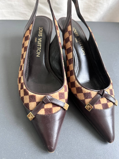 Louis Vuitton Vintage Damier Pony Hair Slingback Kitten Heels