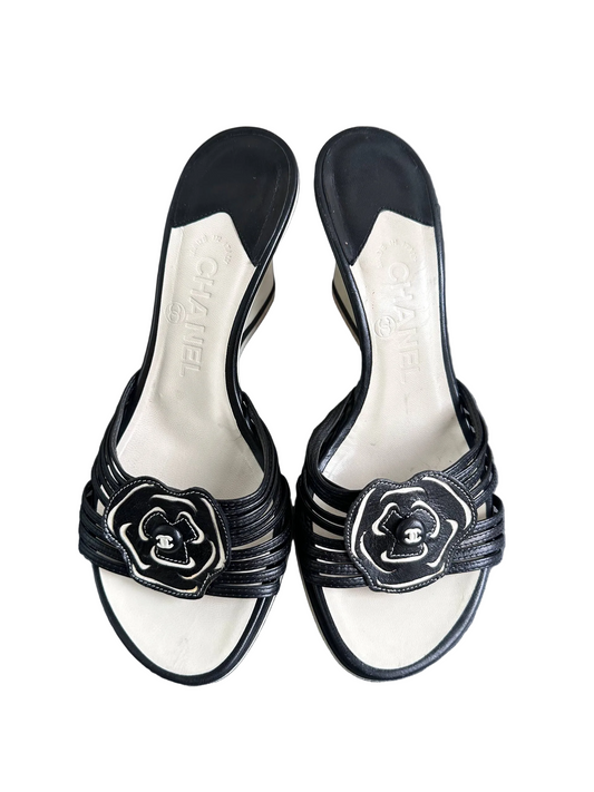 Chanel Archive Camellia Black Mules Heels
