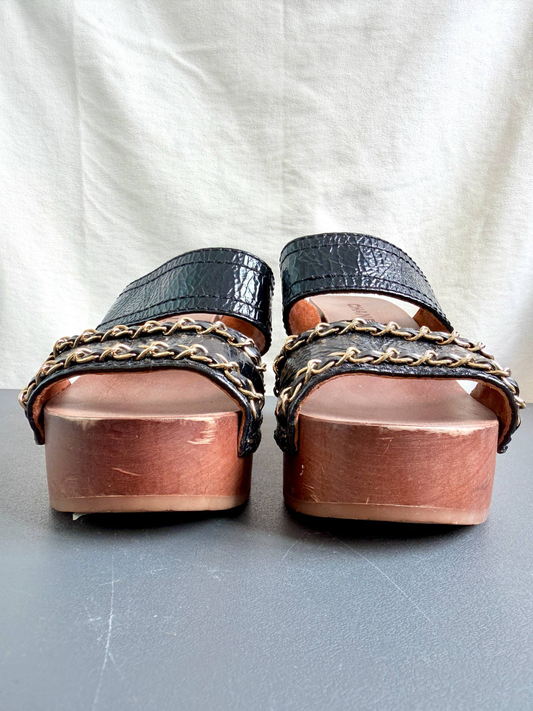 Chanel Chain Black Leather Wood Mules Sandals