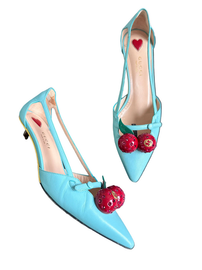 Gucci Turquoise Leather Cherry 45mm Unia Pumps Heels