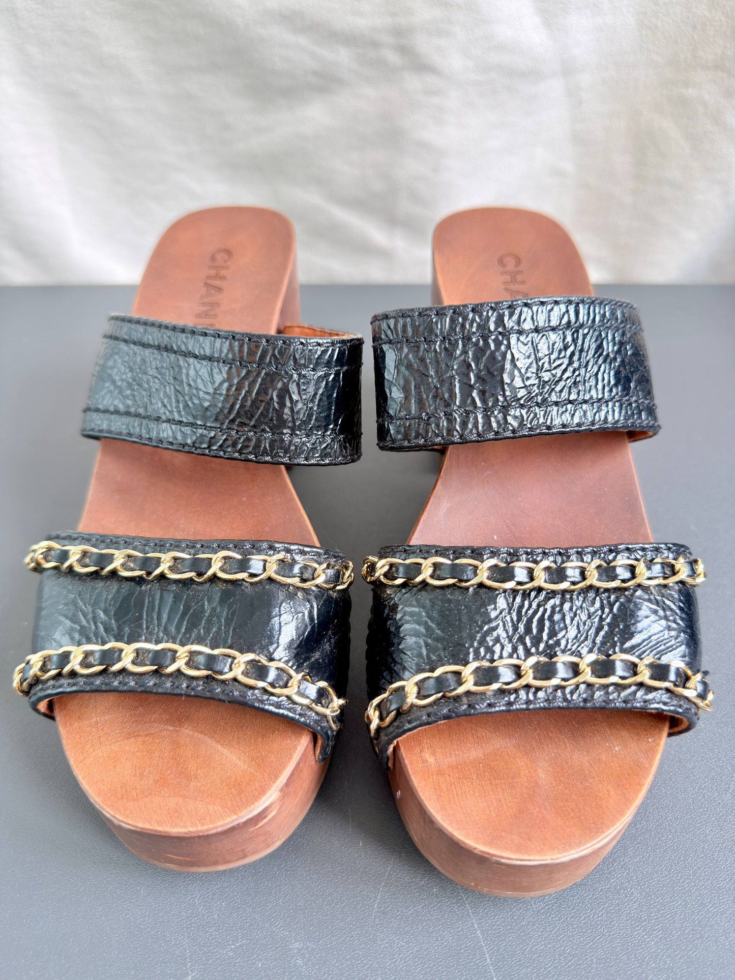 Chanel Chain Black Leather Wood Mules Sandals