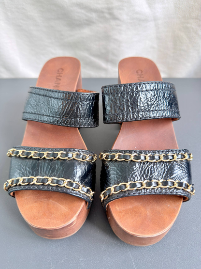Chanel Chain Black Leather Wood Mules Sandals