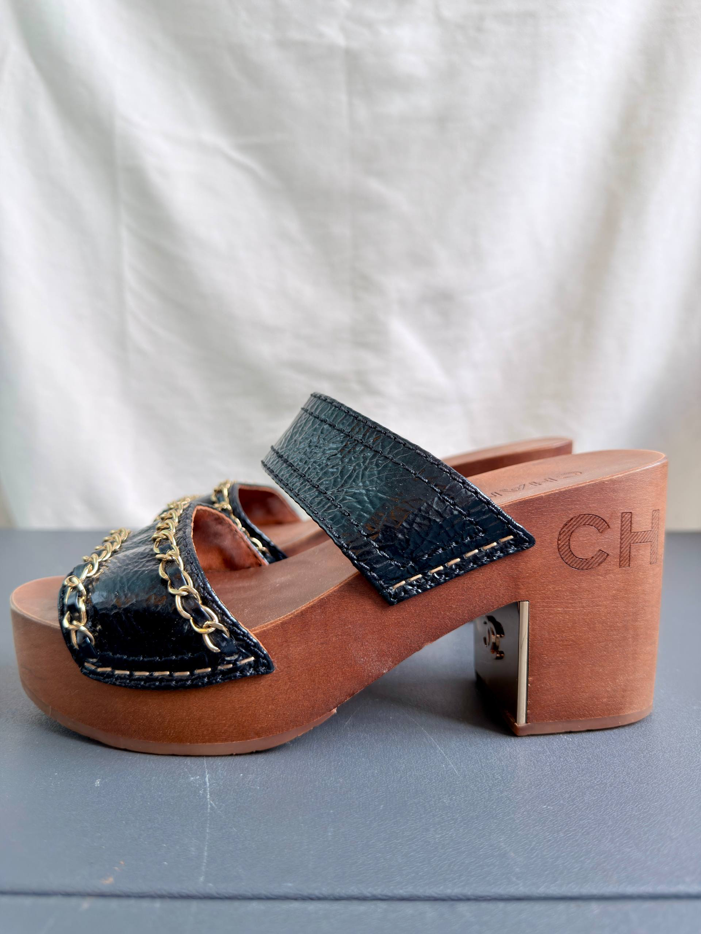 Chanel Chain Black Leather Wood Mules Sandals
