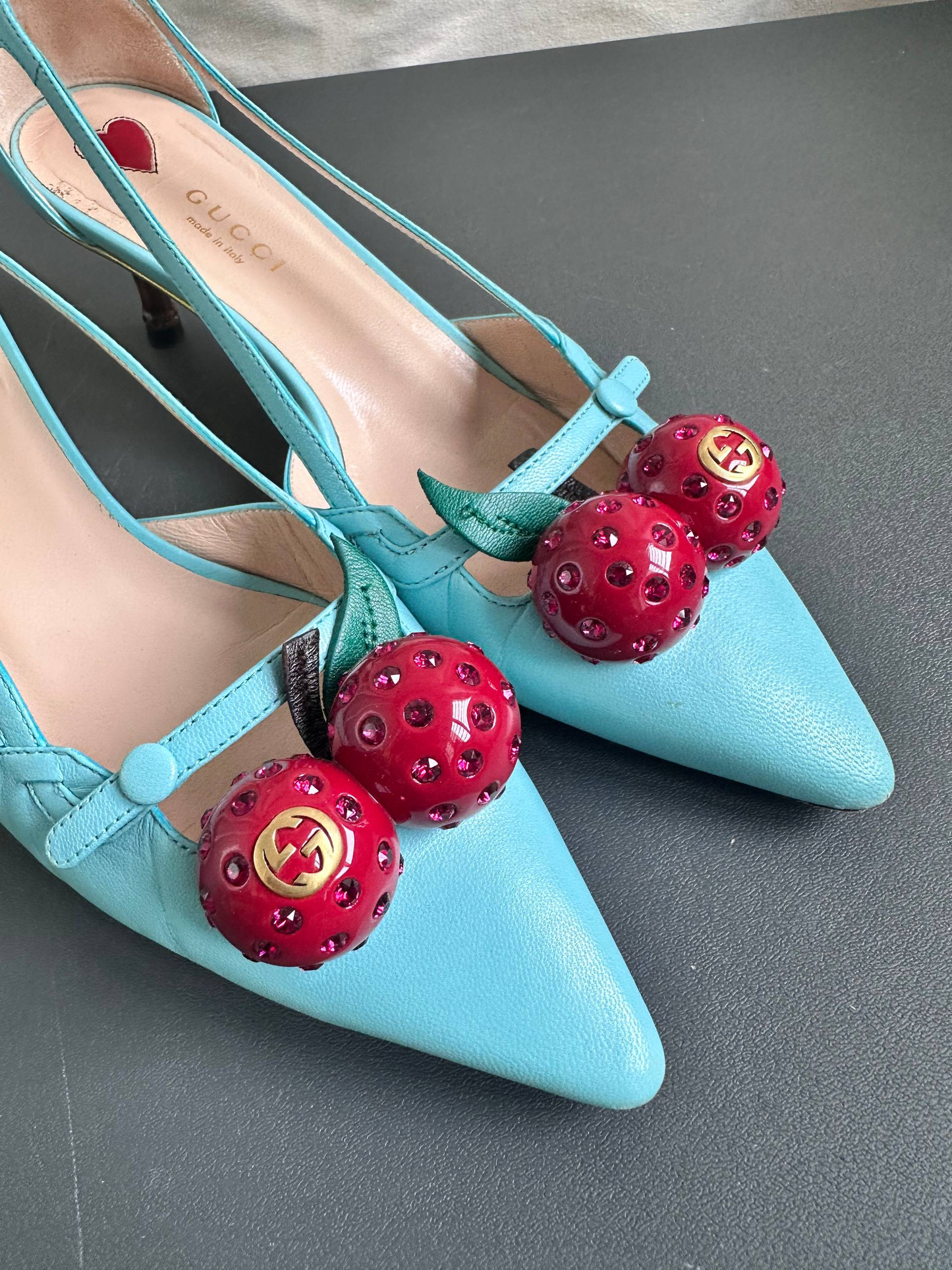 Gucci Turquoise Leather Cherry 45mm Unia Pumps Heels