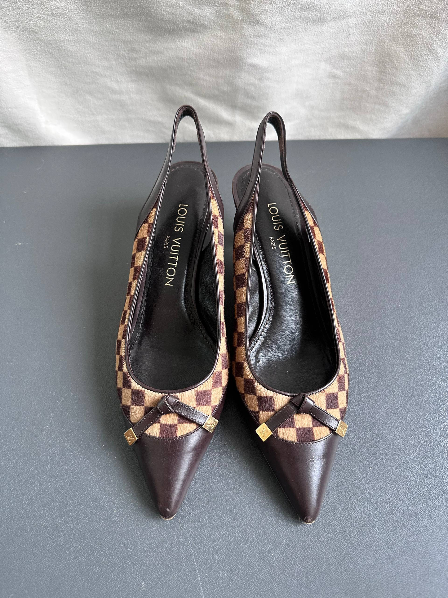 Louis Vuitton Vintage Damier Pony Hair Slingback Kitten Heels