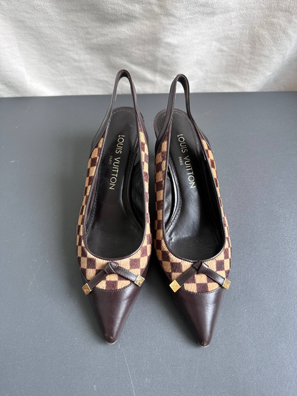 Louis Vuitton Vintage Damier Pony Hair Slingback Kitten Heels