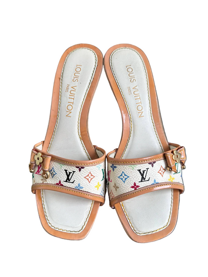 Louis Vuitton 2003 White Takashi Murakami Ribbon Mules Heels