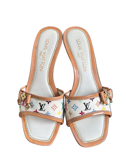 Louis Vuitton 2003 White Takashi Murakami Ribbon Mules Heels