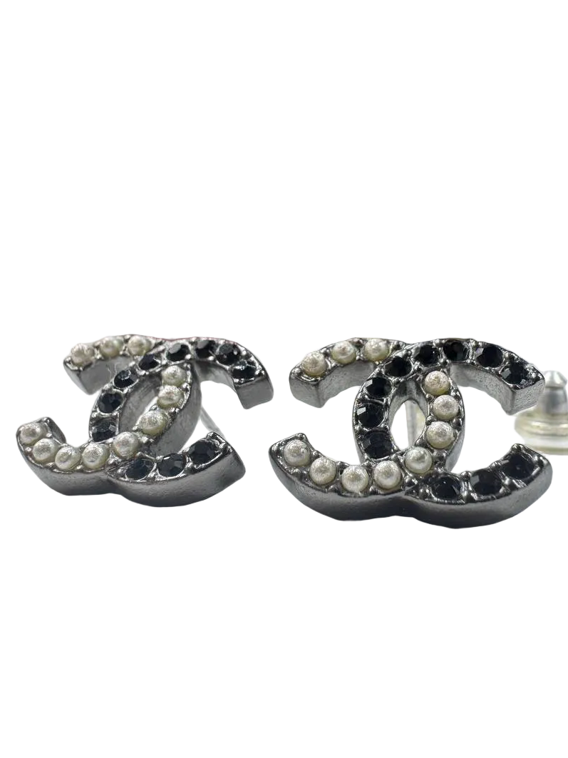 Chanel Classic CC Black Crystal Pearl Earrings