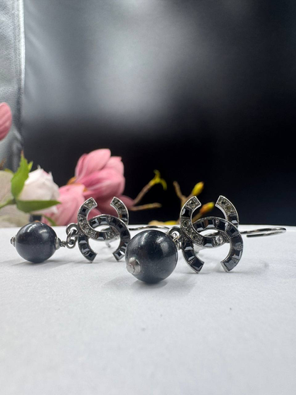 Chanel Classic Black Crystal Pearl Dangling Earrings