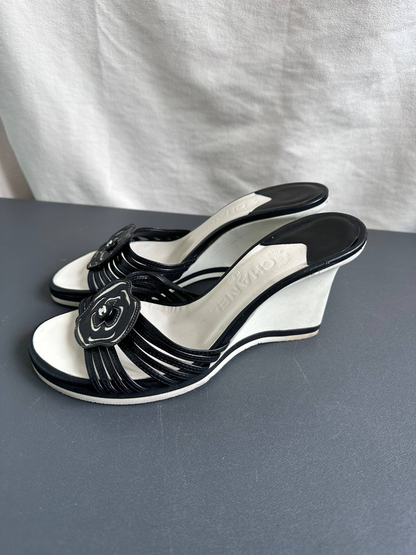 Chanel Archive Camellia Black Mules Heels