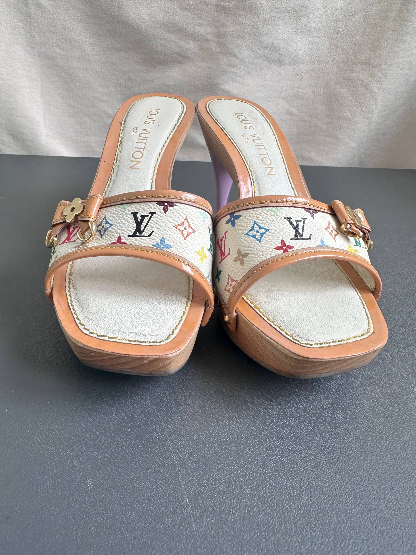 Louis Vuitton 2003 White Takashi Murakami Ribbon Mules Heels