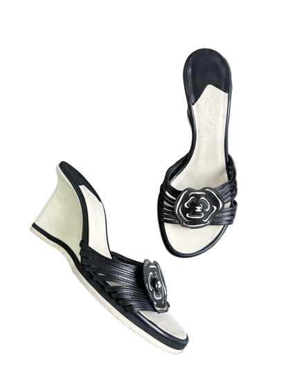 Chanel Archive Camellia Black Mules Heels