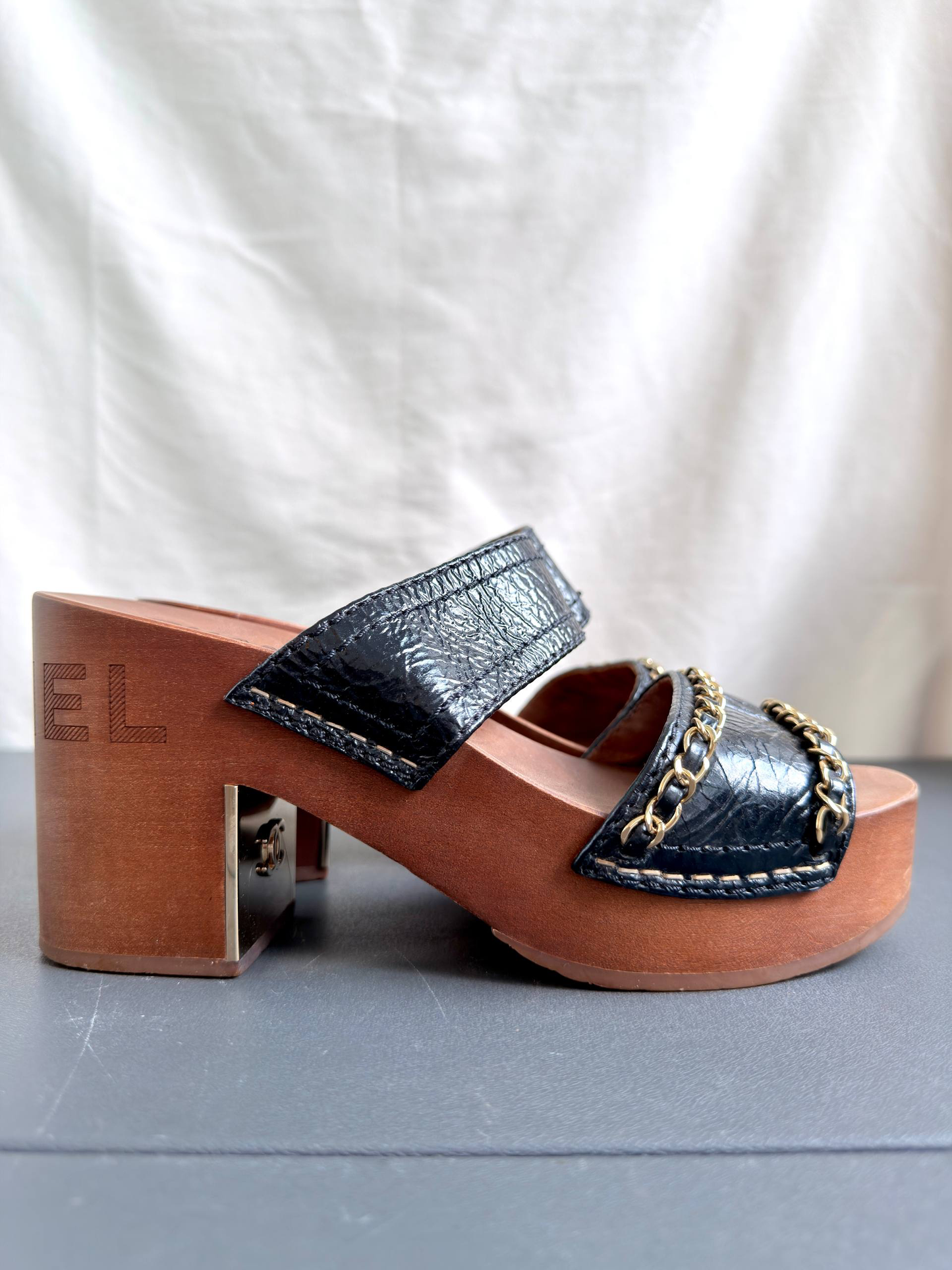 Chanel Chain Black Leather Wood Mules Sandals