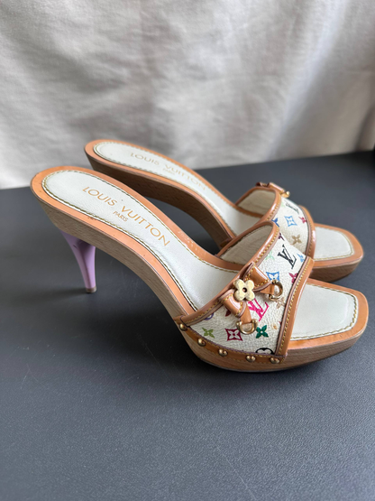 Louis Vuitton 2003 White Takashi Murakami Ribbon Mules Heels
