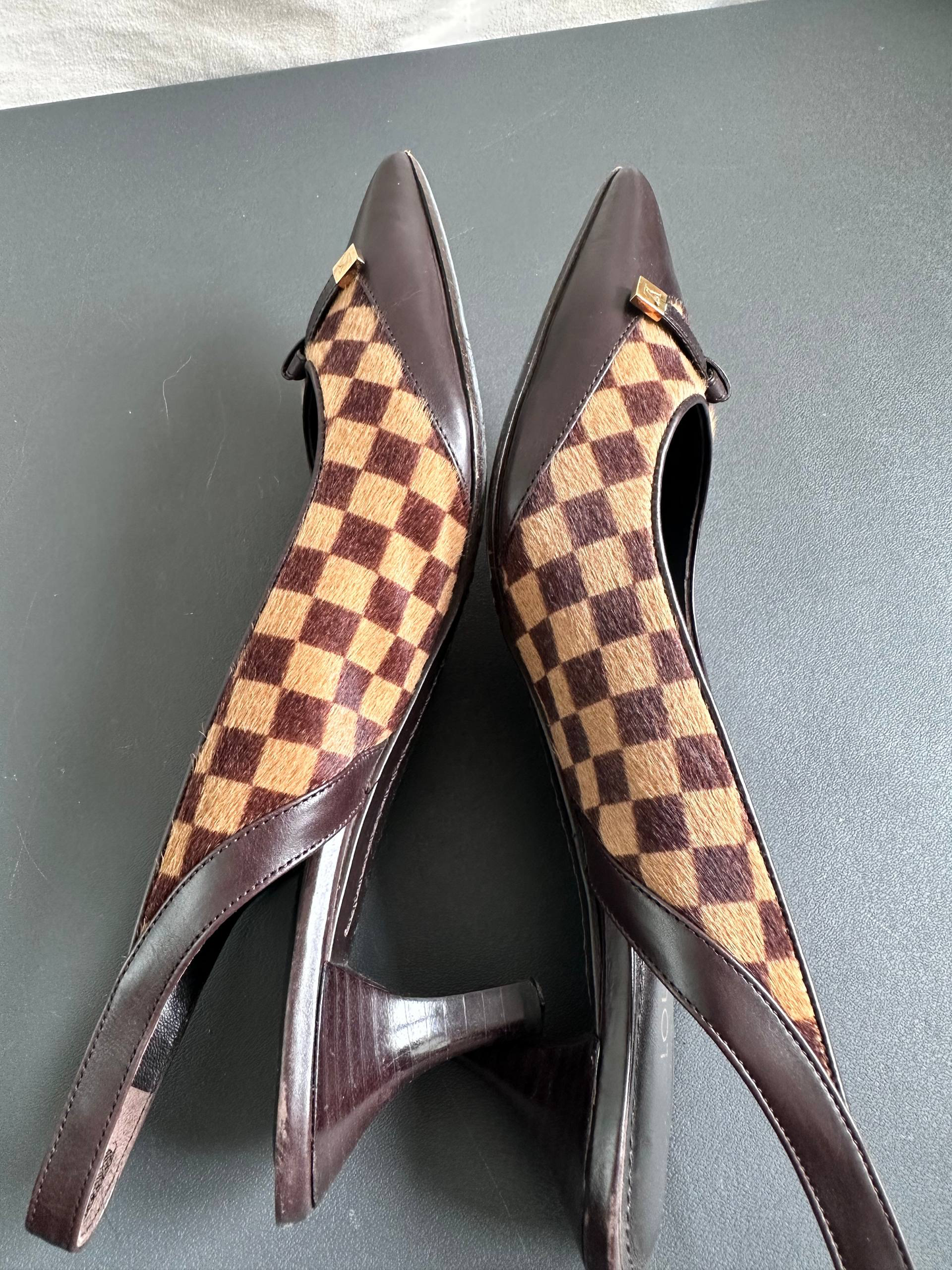 Louis Vuitton Vintage Damier Pony Hair Slingback Kitten Heels