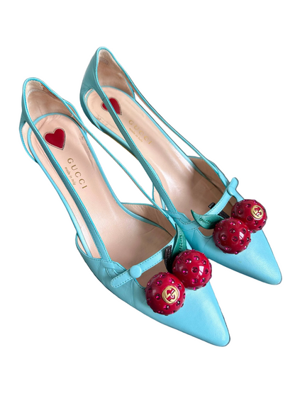 Gucci Turquoise Leather Cherry 45mm Unia Pumps Heels