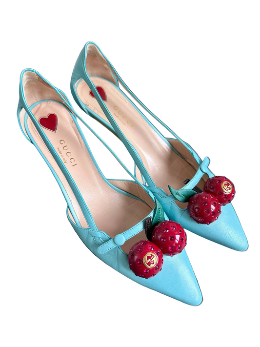 Gucci Turquoise Leather Cherry 45mm Unia Pumps Heels