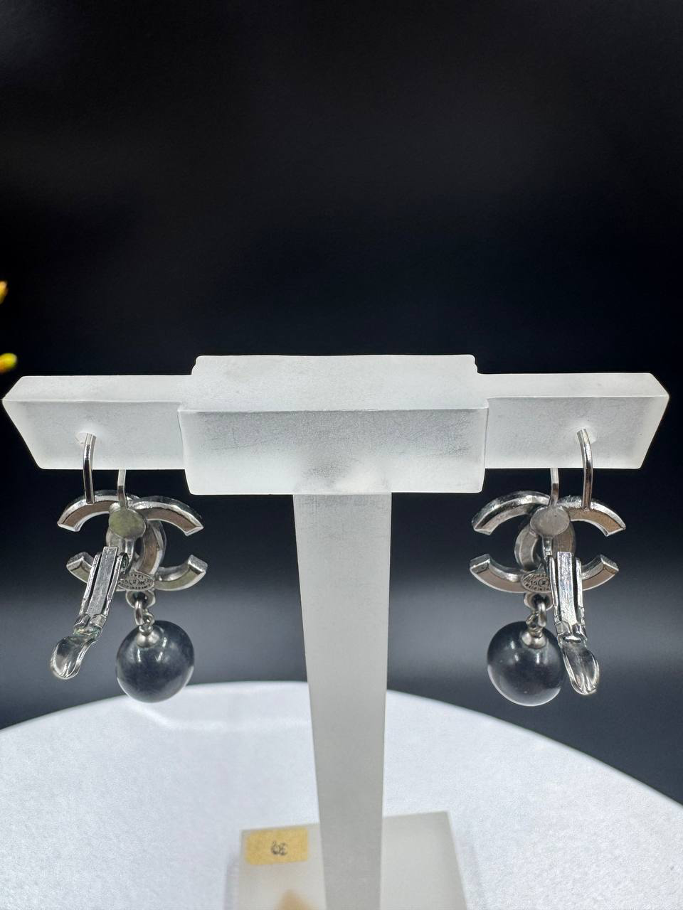 Chanel Classic Black Crystal Pearl Dangling Earrings