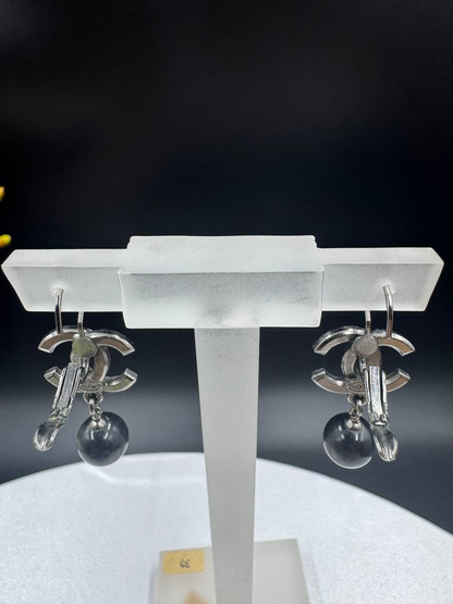Chanel Classic Black Crystal Pearl Dangling Earrings