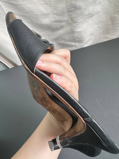Chanel CC Black Leather Mules Heels