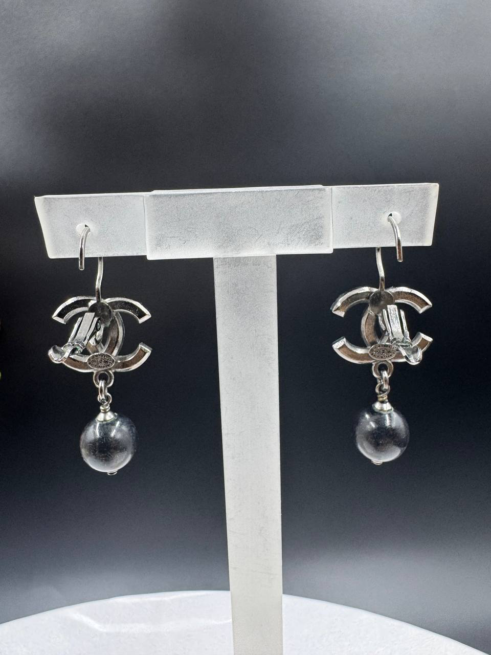Chanel Classic Black Crystal Pearl Dangling Earrings