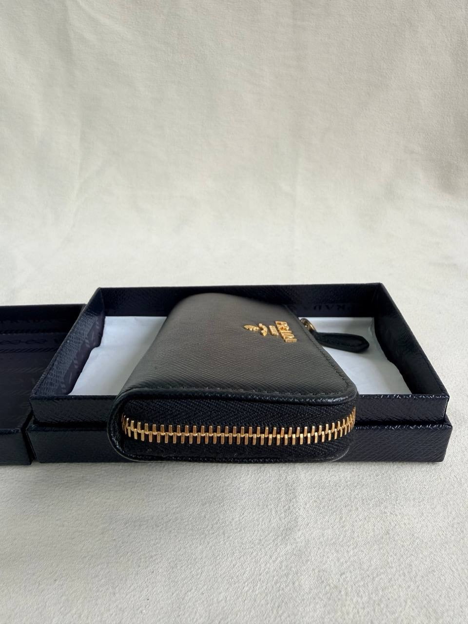 Prada Compact Wallet Key Pouch Black Saffiano