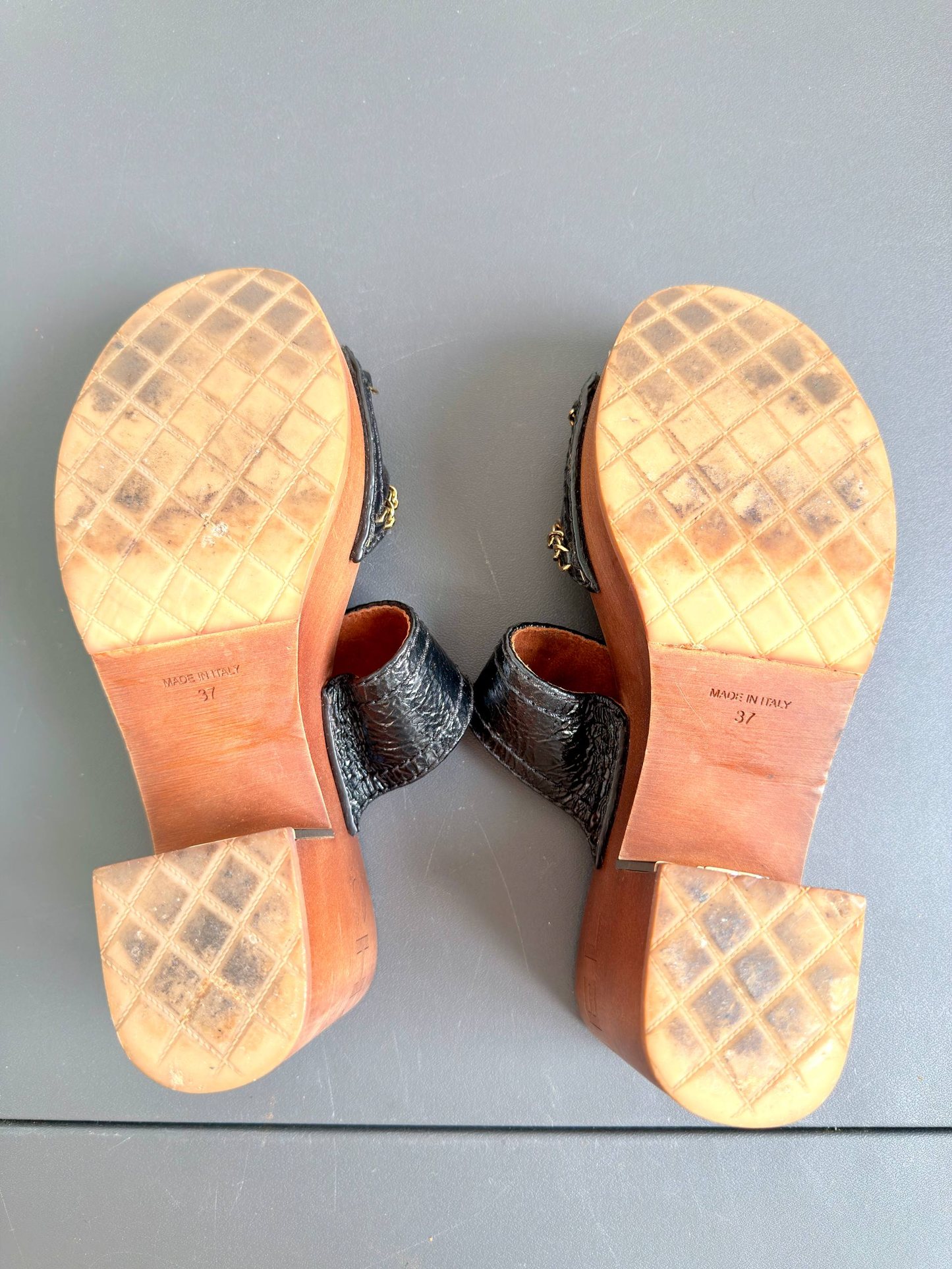 Chanel Chain Black Leather Wood Mules Sandals
