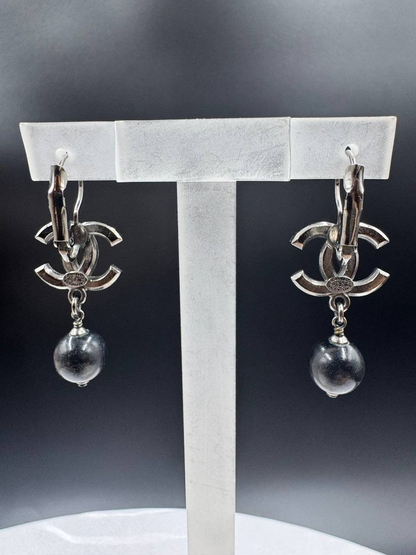 Chanel Classic Black Crystal Pearl Dangling Earrings