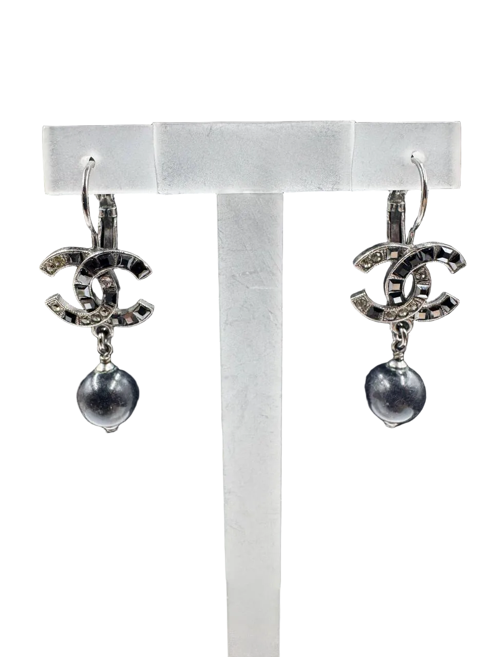 Chanel Classic Black Crystal Pearl Dangling Earrings