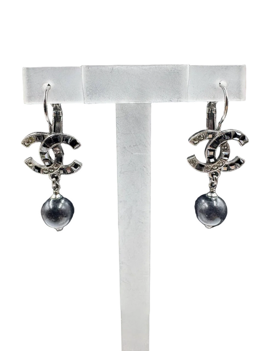 Chanel Classic Black Crystal Pearl Dangling Earrings