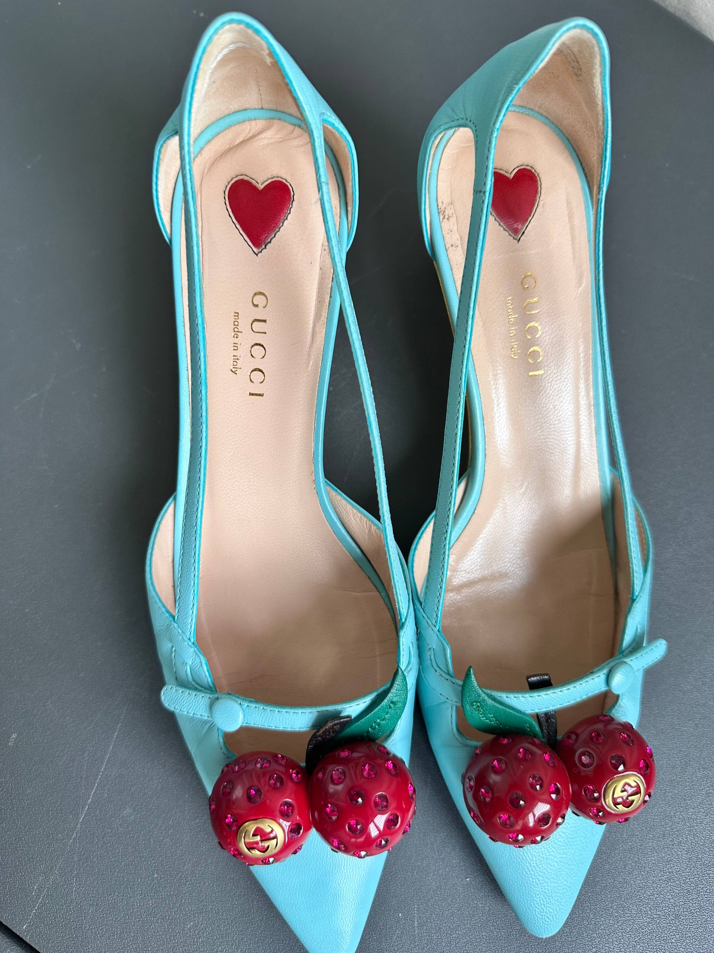 Gucci Turquoise Leather Cherry 45mm Unia Pumps Heels