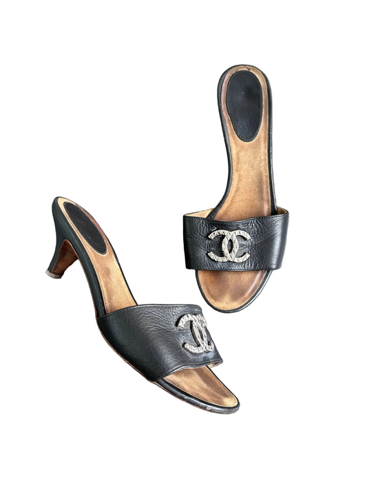 Chanel CC Black Leather Mules Heels