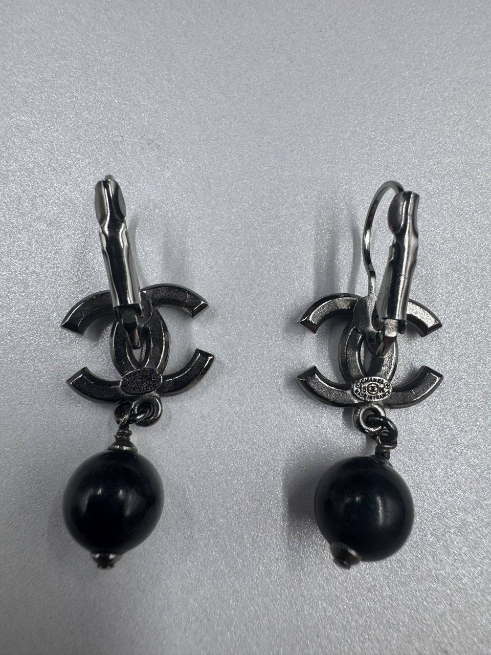 Chanel Classic Black Crystal Pearl Dangling Earrings