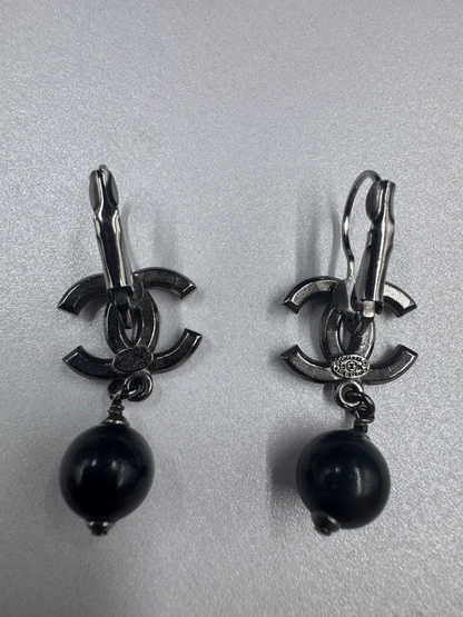 Chanel Classic Black Crystal Pearl Dangling Earrings