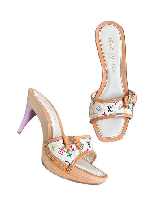 Louis Vuitton 2003 White Takashi Murakami Ribbon Mules Heels