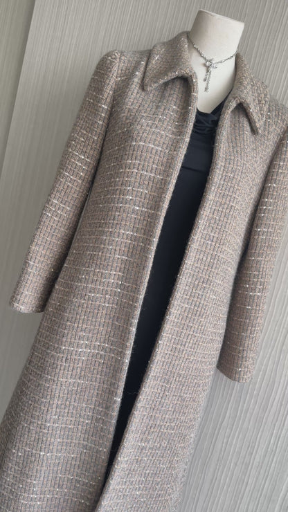 Chanel Runway Coat 00A Gold Beige Sequins Tweed Wool Long Jacket